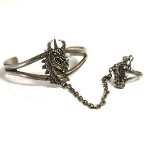Vintage G&S 1988 Dragon Cuff Bracelet With Chain & Ring Size 8.5 Silver-Tone